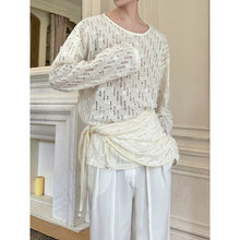Load image into Gallery viewer, Floral Cutout Lace Pearl Shawl Overlay Crew Neck Loose Long Sleeve Shirt