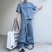 Load image into Gallery viewer, Vintage Denim Two-Piece Set Hand-Beaded Stand-Collar Short-Sleeve Jacket & Wide-Leg Trousers