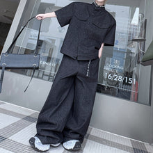 Load image into Gallery viewer, Vintage Denim Two-Piece Set Hand-Beaded Stand-Collar Short-Sleeve Jacket & Wide-Leg Trousers