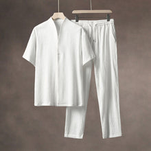Load image into Gallery viewer, Summer Thin Ice Silk Short Sleeve V-Neck Cardigan Drawstring Pants Two-Piece Set