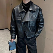 Load image into Gallery viewer, Cropped Slash-collar Leather Jacket