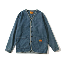 Load image into Gallery viewer, Japanese Retro Washed Denim Collarless Jacket