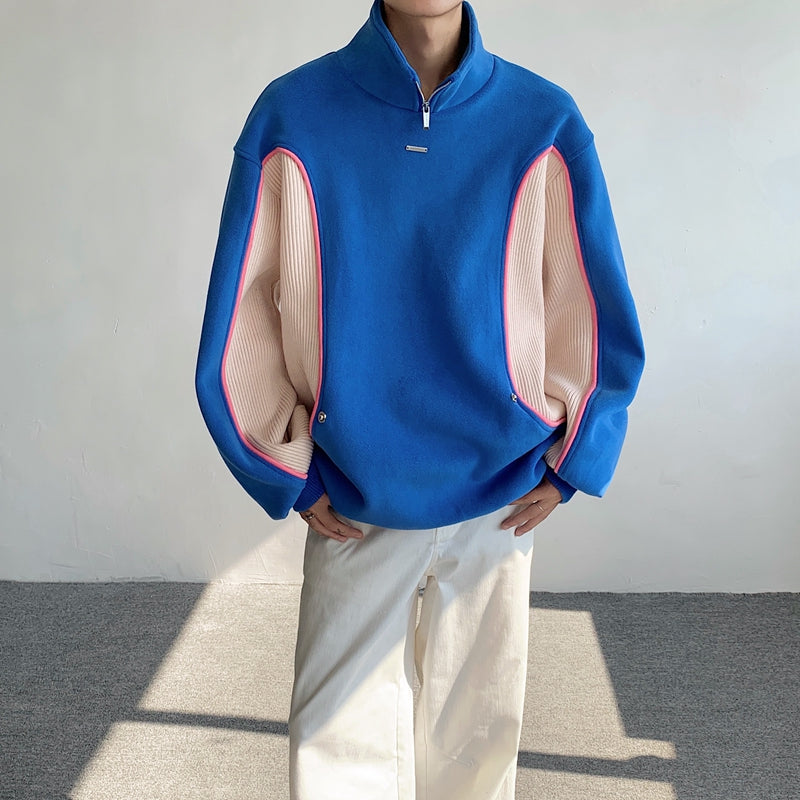Knitted Patchwork Half-zip Stand Collar Sweatshirt