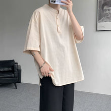 Load image into Gallery viewer, Cotton and Linen Henley Collar Loose T-Shirt