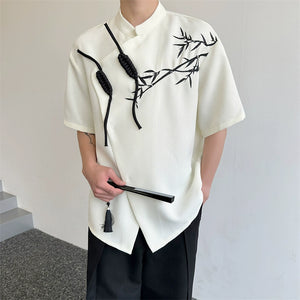 Embroidered Disc Button Stand Collar T-shirt