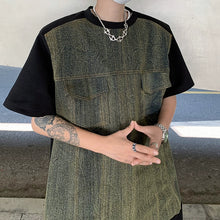 Load image into Gallery viewer, Denim Patchwork Shoulder Pad T-shirt