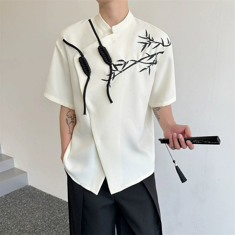 Embroidered Disc Button Stand Collar T-shirt