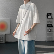 Load image into Gallery viewer, Cotton and Linen Henley Collar Loose T-Shirt