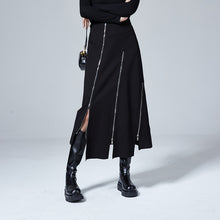 Load image into Gallery viewer, Black Irregular Zipper Slit Skirt
