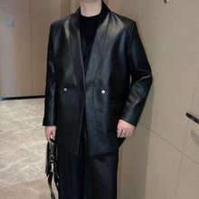 Load image into Gallery viewer, Shoulder Pad PU Leather Collarless Blazer
