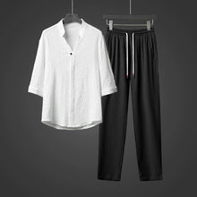 Load image into Gallery viewer, Retro Ice Silk Short Sleeve V-Neck Shirt Drawstring Trousers Two-Piece Set