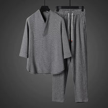 Load image into Gallery viewer, Vintage Ice Silk Loose Zen Clothes Half Sleeve T-shirt Drawstring Pants Two-Piece Set