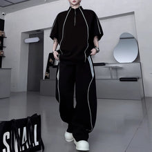 Load image into Gallery viewer, American Style Stand-up Collar Contrast Color T-shirt Zipper Wide-leg Trousers Two-piece Suit