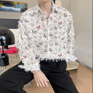 Butterfly Print Raw Edge Loose Casual Long-sleeved Shirt
