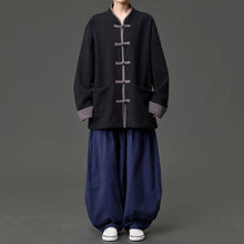 Load image into Gallery viewer, Fleece Lined Contrast Collar Frog Button Hanfu Cardigan