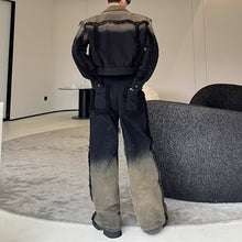 Load image into Gallery viewer, Distressed Raw Edge Gradient Washed Denim Jacket Wide Leg Pants Two Piece Set
