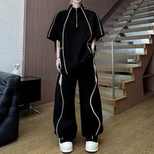 Load image into Gallery viewer, Stand-Collar Short-Sleeve Contrast Piping T-Shirt with & Zip-Front Wide-Leg Trousers Two-Piece Set