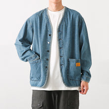 Load image into Gallery viewer, Japanese Retro Washed Denim Collarless Jacket
