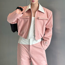 Load image into Gallery viewer, Contrast Color Patchwork Leather Zipper Large Pocket Jacket Casual Wide-leg Pants Two-piece Suit