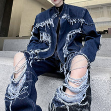 Load image into Gallery viewer, Fringed Denim Jacket and Ripped Jeans Two-piece Set