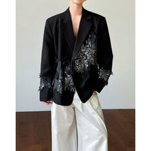 Load image into Gallery viewer, Black Sequin-Paneled Blazer with Shoulder Pads
