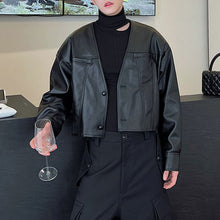 Load image into Gallery viewer, Short Black V-Neck Casual Leather Jacket
