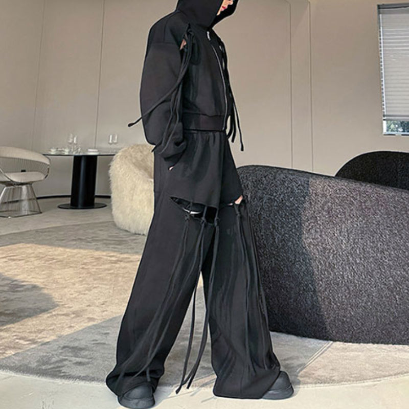 Cool Set Gothic Lace Up Hollow Sweatshirt Hoodie Split Long Dress Two Piece Set main image 0