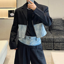 Load image into Gallery viewer, Denim Patchwork Short Blazer Wide-leg Pants Two-piece Suit