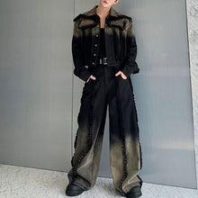 Load image into Gallery viewer, Distressed Raw Edge Gradient Washed Denim Jacket Wide Leg Pants Two Piece Set
