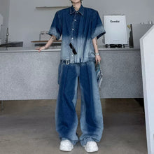 Load image into Gallery viewer, Ombré Denim Short-sleeve Jacket and Jeans Two-piece Set
