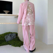 Load image into Gallery viewer, Pink Lace Openwork Patchwork Suit Jacket and Straight-leg Pants Two-piece Suit Set