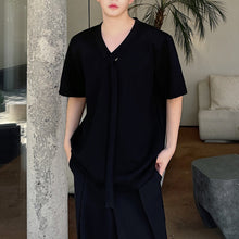 Load image into Gallery viewer, Ribbon V-neck Shoulder Pad T-shirt