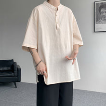 Load image into Gallery viewer, Cotton and Linen Henley Collar Loose T-Shirt