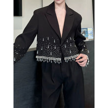 Load image into Gallery viewer, Rhinestone Crystal Fringe Cropped Lapel Blazer Straight Trousers Two-piece Set