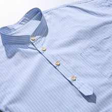 Load image into Gallery viewer, Blue White Striped Band Collar Casual Popover Shirt