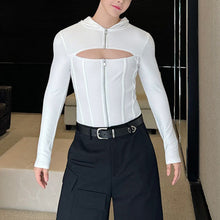 Load image into Gallery viewer, Zippered Hollow Design Hooded Long-sleeved T-shirt