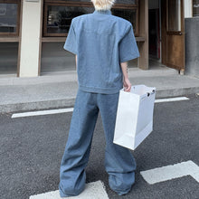 Load image into Gallery viewer, Stand Collar Beaded Denim Shoulder Pad Short Sleeve Wide Leg Trousers Two Piece Set