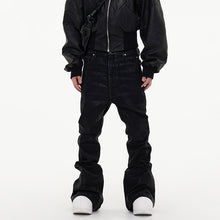 Load image into Gallery viewer, Dark Waxed Coated Ribbon Slightly Flared Mopping Stacked Denim Trousers