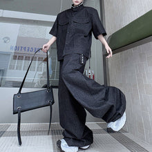 Load image into Gallery viewer, Stand Collar Beaded Denim Shoulder Pad Short Sleeve Wide Leg Trousers Two Piece Set