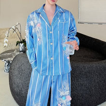 Load image into Gallery viewer, Blue Striped 3D Floral Striped Stage Shirt and Casual Pants Two-piece Set