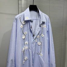 Load image into Gallery viewer, Three-dimensional Flower Loose Blue Striped Shirt