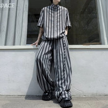 Load image into Gallery viewer, Striped Faux Two-Piece Shirt Wide-Leg Pants Two-piece Set