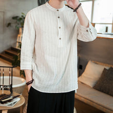Load image into Gallery viewer, Striped Cotton And Linen Three-quarter Sleeve Shirt