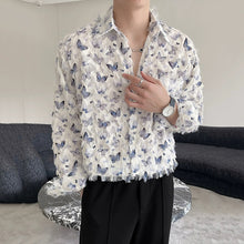 Load image into Gallery viewer, Butterfly Print Raw Edge Loose Casual Long-sleeved Shirt