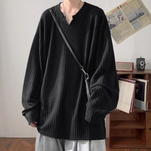 Load image into Gallery viewer, Loose V-neck Long-sleeved Textured T-shirt