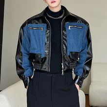 Load image into Gallery viewer, Glossy PU Denim Patchwork Short Jacket
