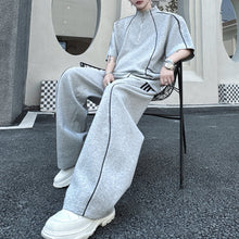Load image into Gallery viewer, American Style Stand-up Collar Contrast Color T-shirt Zipper Wide-leg Trousers Two-piece Suit