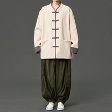 Load image into Gallery viewer, Fleece Lined Contrast Collar Frog Button Hanfu Cardigan