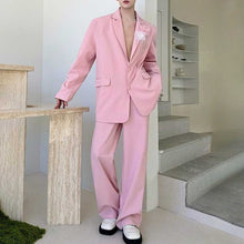 Load image into Gallery viewer, Pink Lace Openwork Patchwork Suit Jacket and Straight-leg Pants Two-piece Suit Set