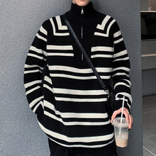 Load image into Gallery viewer, Stand Collar Half Zip Striped Sweater